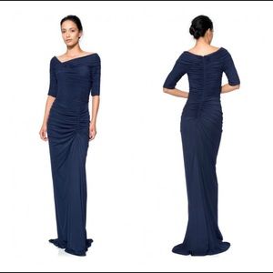 Tadashi Shoji Asymmetrical Ruched Sleeve Gown M